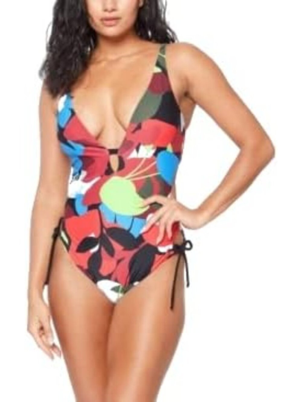 Multi-Color Printed Stretch Monokini Swimsuit with Adjustable Straps, Deep V
